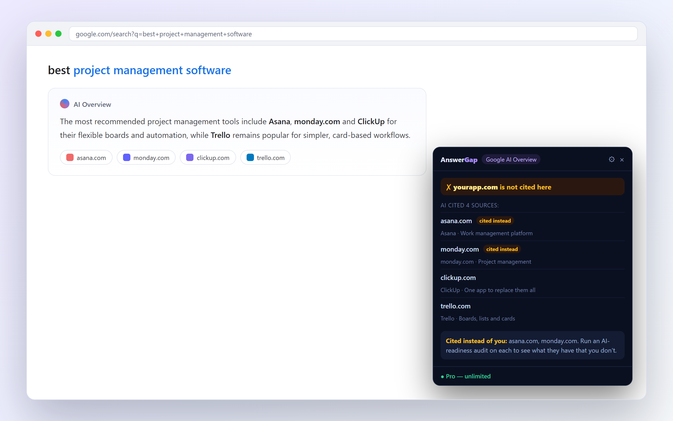 AnswerGap showing which sources an AI answer cited and your citation gap