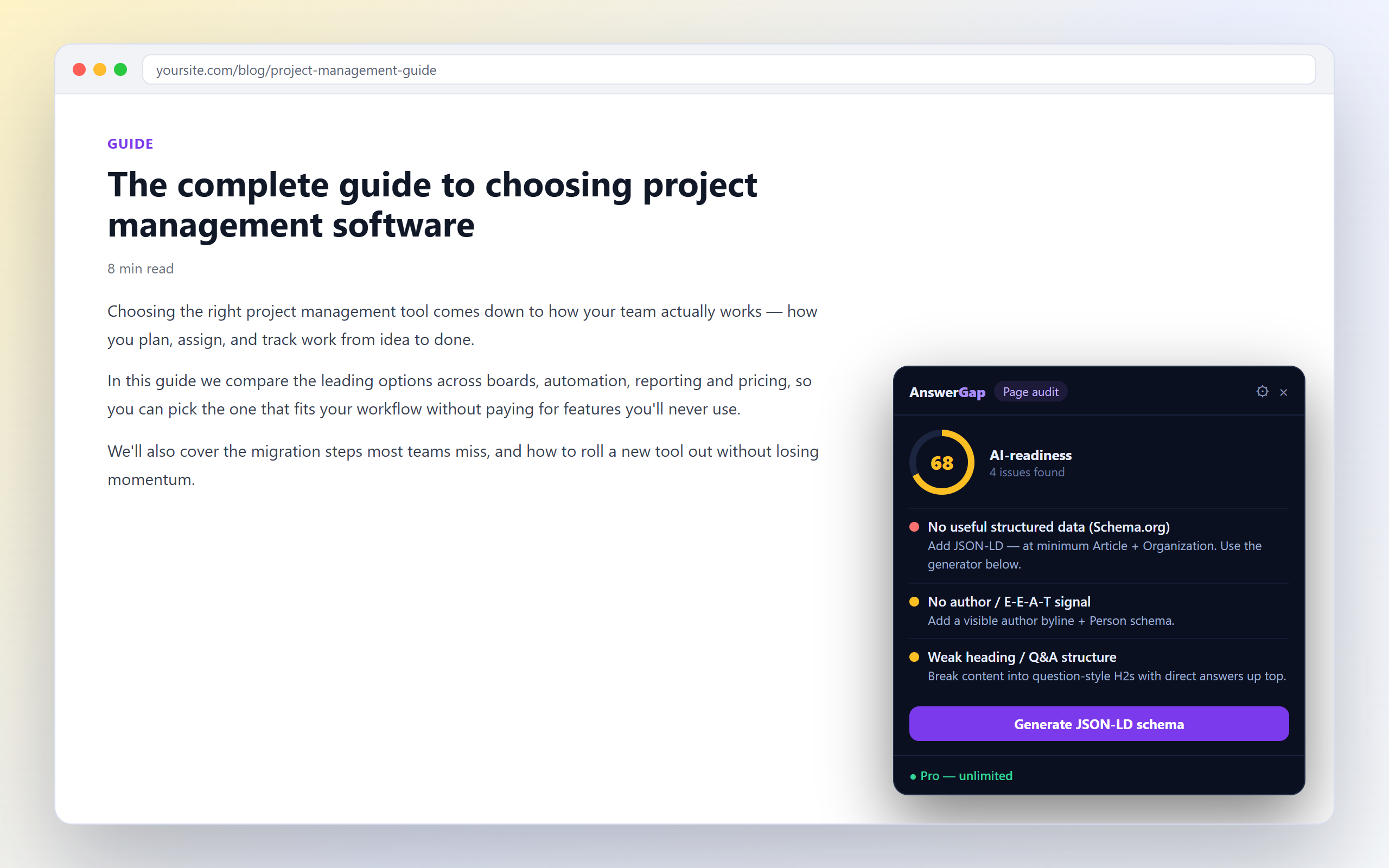 AnswerGap on-page AI-readiness audit with score and fixes