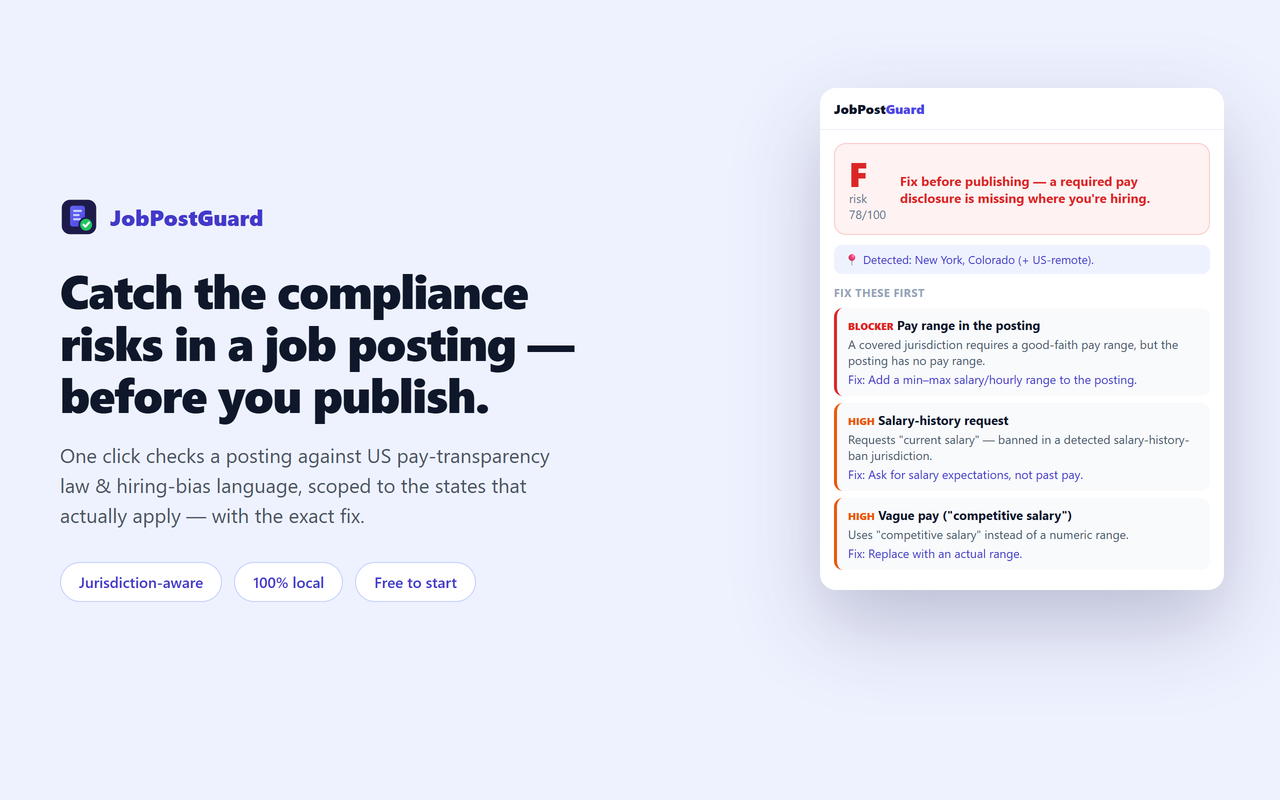 JobPostGuard panel showing a job-posting compliance grade, a 'fix before publishing' banner, and the top fixes