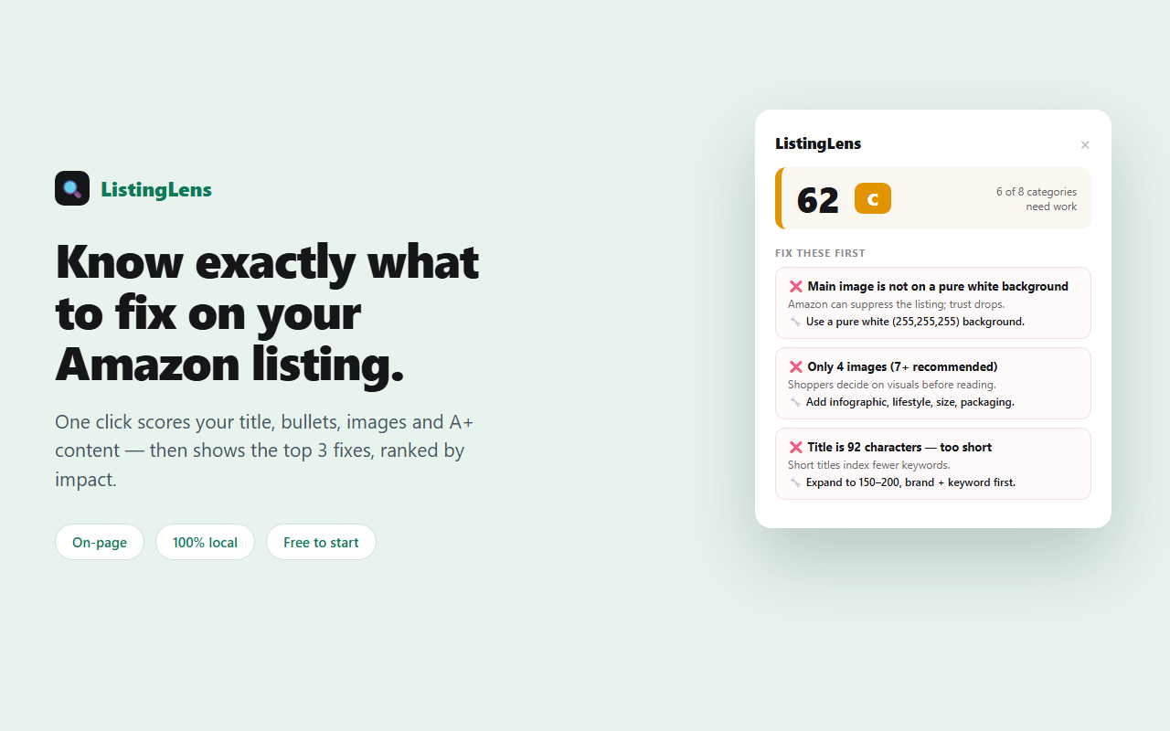 ListingLens scoring an Amazon listing with a grade and the top 3 fixes