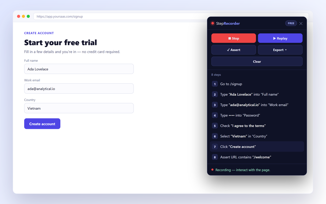 StepRecorder — a recorded flow as a numbered step list with export controls